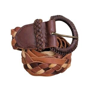 Hollister Braided Leather Belt Brown Ring Buckle Boho Y2K Women's Size M/L 2"